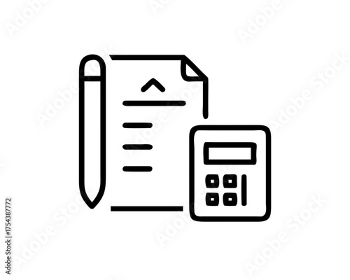 Accounting document with calculator in line art