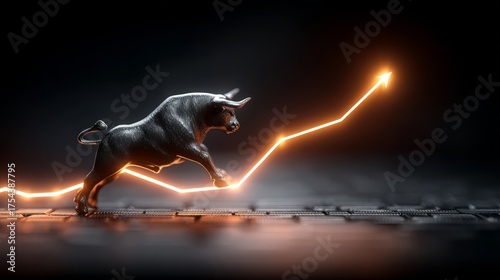 A dynamic black bull statue strides atop a stylized stock market graph with ascending orange glow,