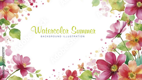 Watercolor Summer Pink and Orange Flowers Background. The flowers are painted with a soft, flowing style that gives them an ethereal and artistic quality.