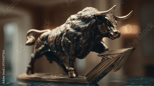A bronze bull sculpture in aggressive stance on geometric arrow base, curved horns, muscular build, layered molecules,