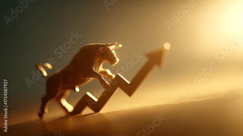 A golden bull statue stands atop an upward trending line with warm sunlight glowing from behind against a soft toned bac