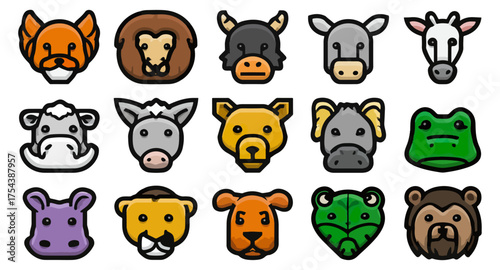 Animal icons set cartoon illustrations of various animal faces