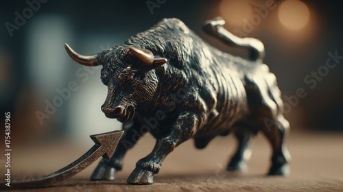 A dynamic metallic bull sculpture appears poised to charge forward through an upward-pointing contextual arrow symbolizi