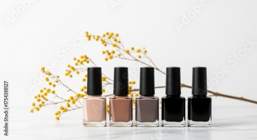 A row of five nail polish bottles in various neutral shades, including nude, beige, grey, and black, with a delicate yellow floral branch behind them, isolated on white background