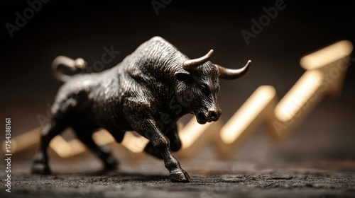A bronze bull statue stands prominently against a dark backdrop with tall golden upward pointing bars symbolizing financ