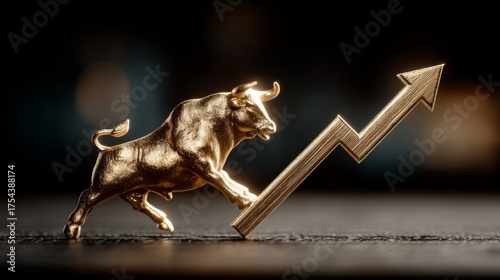 A golden bull sculpture surges upward with dynamic motion, symbolizing business growth and strength,