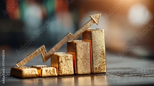 Gold bars arranged in ascending order symbolize financial growth with an upward arrow emphasizing success,