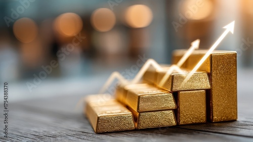 Three stacks of gold bars arranged ascendingly with an upward trending white line graph overlay,