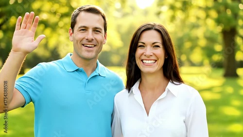 Couple shares joyful moment in sunny park surrounded by vibrant green trees
