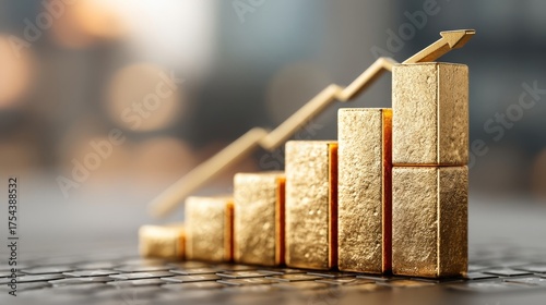 A golden bar chart with upward growth trend symbolizes financial success and business progress,