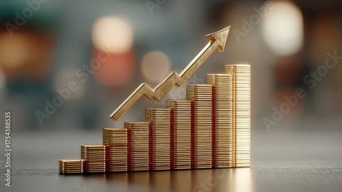 Golden coins stacked ascending resembling bar graph with upward arrow indicating financial growth success warm blurred p