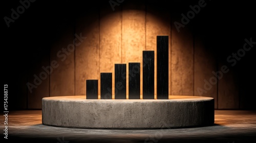 A bar graph displayed on a rounded textured table resembling concrete or stone with warm indoor lighting casting soft sh