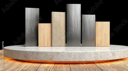 Modern bar graphs ascending left to right with varied textures silver wood gray marble golden standing on illuminated pl