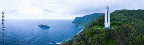 Aerial view from a drone of the Gorliz lighthouse, located on Cape Billano, between Gorliz and Armintza. Gorliz. Province of Bizkaia. Basque Country. Spain. Europe
