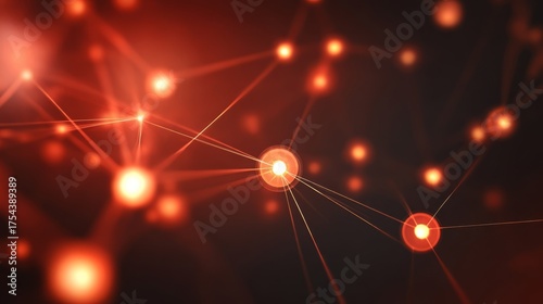 Dynamic glowing nodes interconnected by bright lines against a blurred orange-red background, symbolizing technology,