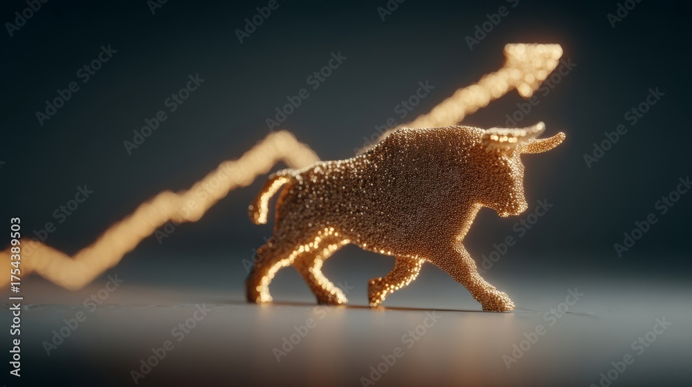 Fototapeta premium A golden bull stands before a stylized upward-pointing light trail, symbolizing financial growth and prosperity.