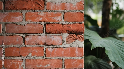 Rough red brick wall texture with plant background