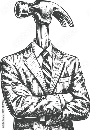 businessman with hammer head engraving problem solver, worker, handyman, construction, tools


