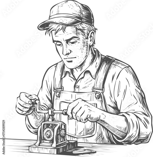 engraving style craftsman sharpening tools. vintage, worker, workshop, manual labor, repair