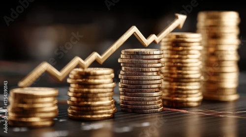 Golden coins stacked in rising and descending metal lines symbolize financial growth or decline with a focus on wealth a
