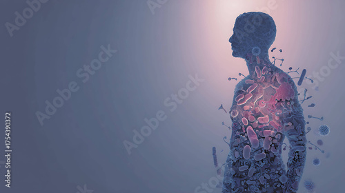 Human silhouette filled with microscopic bacteria and cells, representing microbiome and health, soft medical light, scientific illustration style
