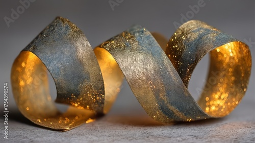Two intricately twisted metallic structures with uneven textures in gold and brownish grey tones,