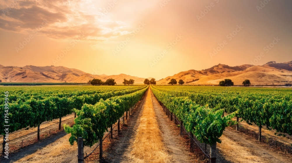 Fototapeta premium Golden hour vineyard scene with neatly arranged grapevines stretching into the distance,