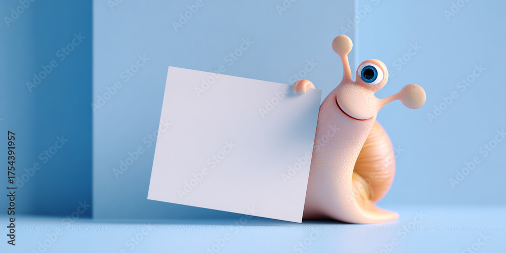 Obraz premium Cute smiling snail holding empty white card against blue background, evoking playful and cheerful atmosphere