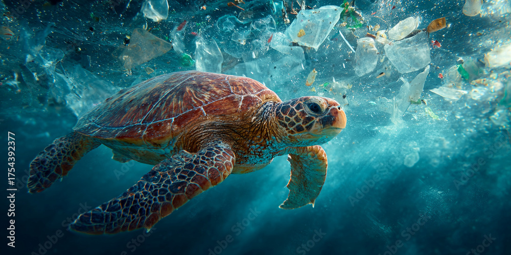 Fototapeta premium Sea turtle swims gracefully through polluted waters filled with plastic debris, highlighting urgent issue of ocean pollution