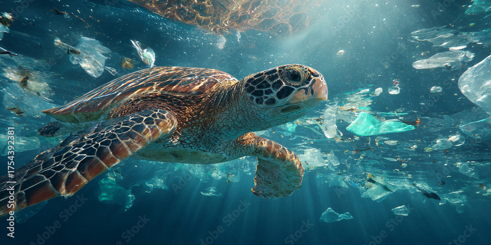 Fototapeta premium Sea turtle swims gracefully through vibrant underwater scene filled with plastic pollution, highlighting urgent need for environmental awareness