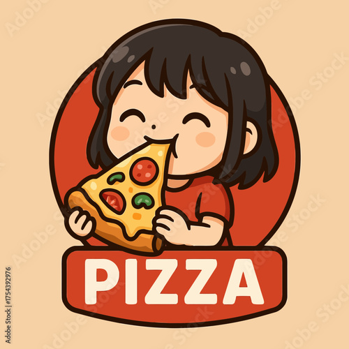 famale character eating pizza Food blogger reviewing, Vector illustration	