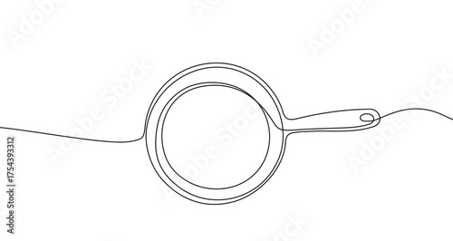  Frying pan in one line art style. Drawing of a kitchen skillet with a handle with editable black stroke on a white background. Vector illustration.