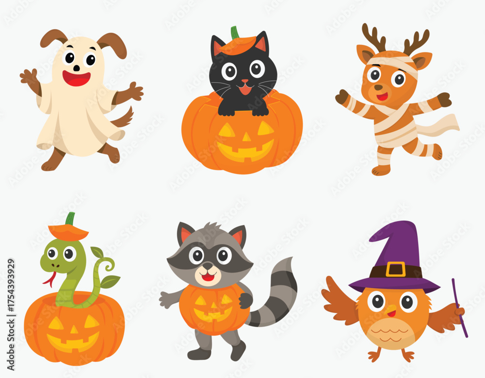 Fototapeta premium Cute cartoon animals in Halloween costumes with pumpkins and festive decorations