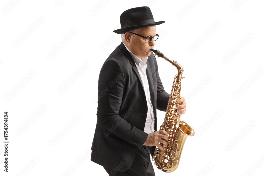 Naklejka premium Mature male musician playing a sax