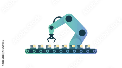 Automated factory assembly line with robotic arm flat vector illustration for industrial automation and manufacturing concepts isolated on white background