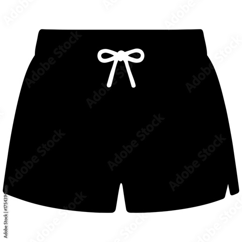Black swim shorts silhouette with drawstring waist and side slit, icon on white