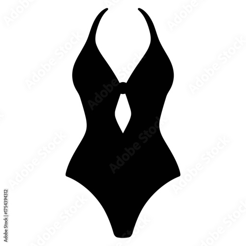 Black halter one piece swimsuit silhouette with front tie keyhole cutout icon