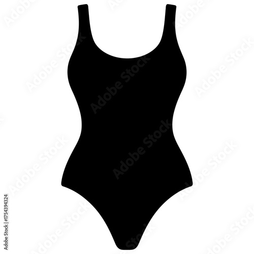 Black one piece swimsuit silhouette with scoop neck on white background icon