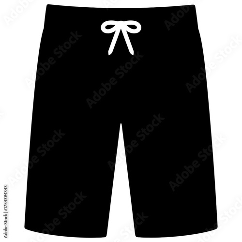Black board shorts silhouette with drawstring waist, knee length icon on white