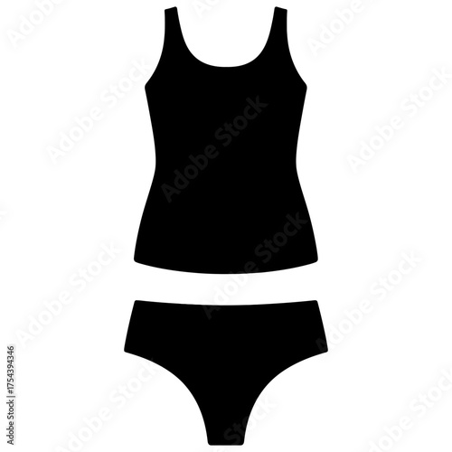 Black tankini silhouette with scoop neck top and brief bottoms, swim icon