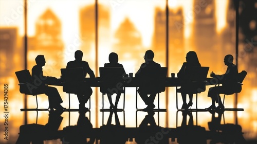 Silhouette of six professionals seated around a conference table in a corporate meeting room with city skyline view thro