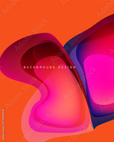 Abstract fluid shapes overlap, creating vibrant color gradients. Orange background complements pinks, reds, blues. Modern design element.