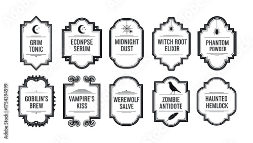 Mystical Halloween potion labels: Set of spooky, vintage-style labels for a Halloween apothecary, perfect for adding a touch of magic to your crafting and design projects. 