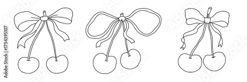 Coquette cherry with ribbon bow set in elegant whimsical retro doodle hand-drawn style. Perfect for Christmas, wedding, birthday, Valentine designs, cards, and decor. Vector illustration.