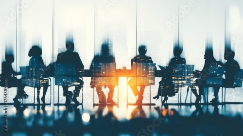 Professionals seated in a modern office discussing dividends during a board meeting with cityscape view through illumina