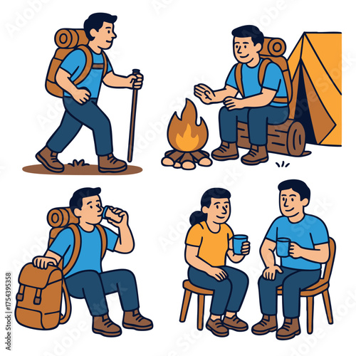 Isolated separated layered colorful illustration of people camping hiking and relaxing