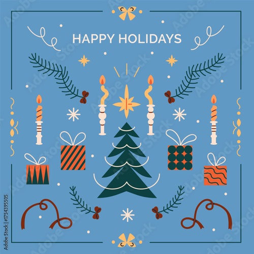 Christmas holiday greeting card design with festive pattern, frame. New Year ...