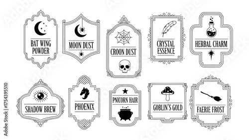 Mystical Potions and Labels: A collection of elegantly designed potion labels, each with a unique icon. The images suggest a world of enchantment.