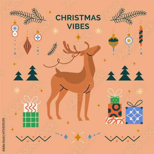 Christmas greeting card design. Festive square postcard, winter holiday backg...