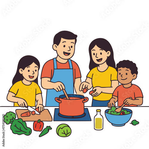 Isolated separated layered colorful family cooking together kitchen with happy expression